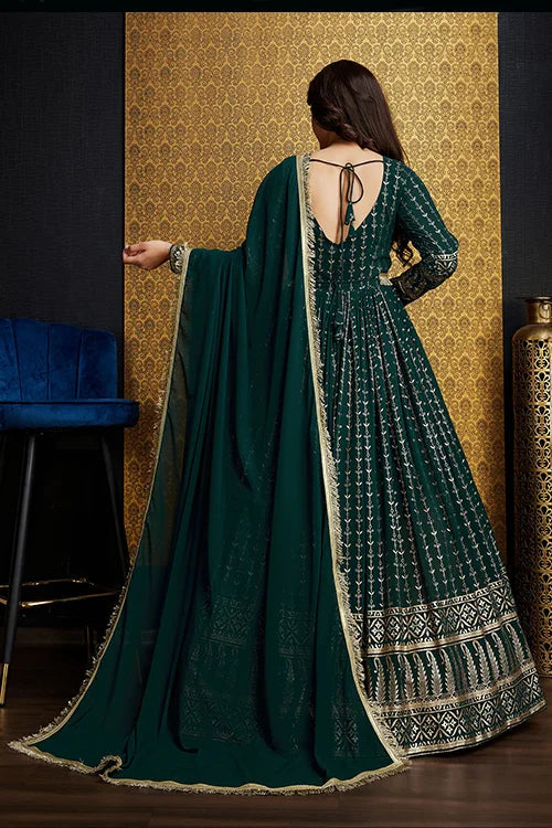 Green Anarkali Long Gown with Metallic Foil Work