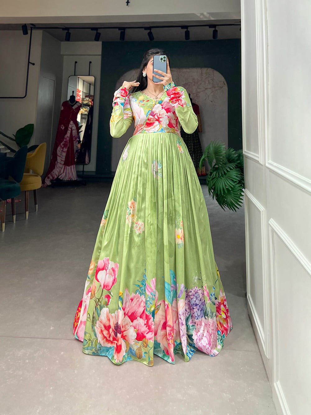Parrot Green Color Tussar Silk Ready to Wear Gown with Delicate Floral Print