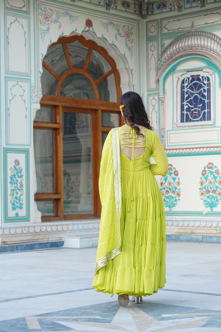 Alluring Parrot Green Faux Georgette Gown with Sequined Dupatta