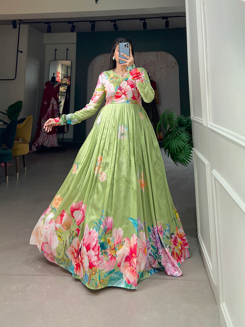 Parrot Green Color Tussar Silk Ready to Wear Gown with Delicate Floral Print
