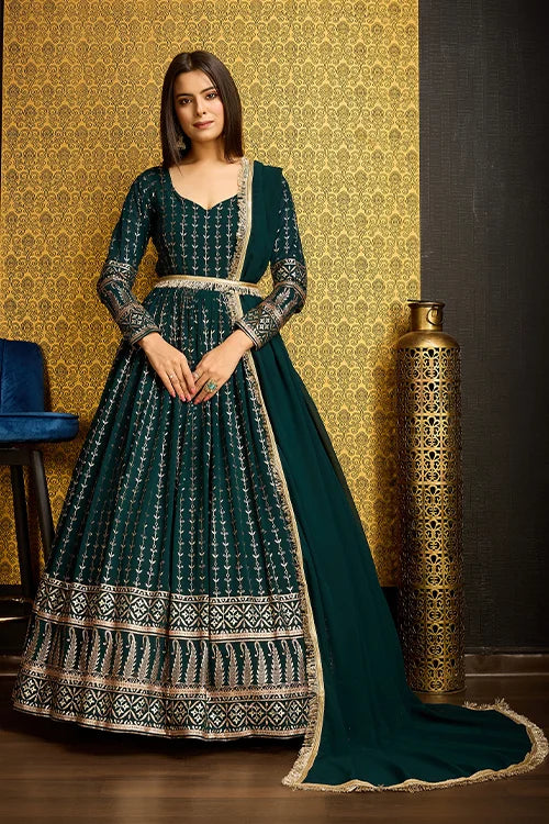 Green Anarkali Long Gown with Metallic Foil Work