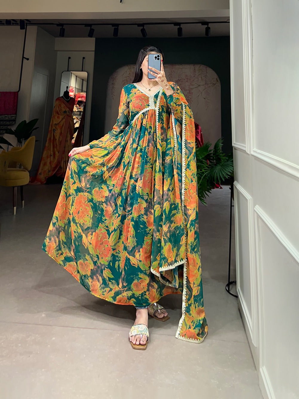Green Alia Style Gown with Dupatta