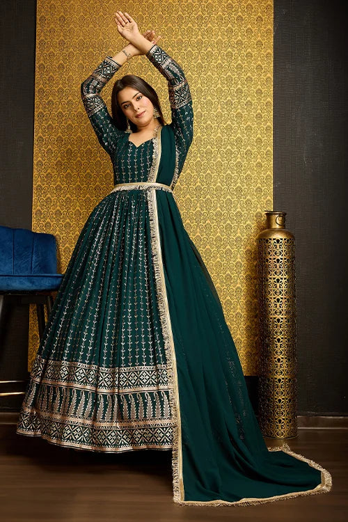 Green Anarkali Long Gown with Metallic Foil Work