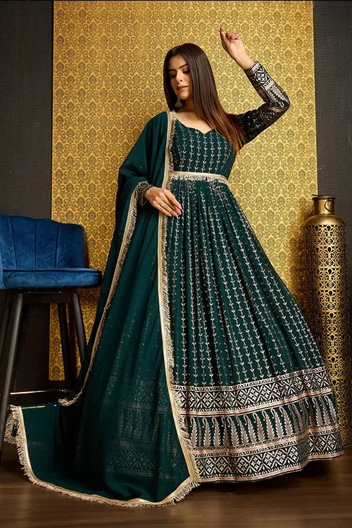 Green Anarkali Long Gown with Metallic Foil Work