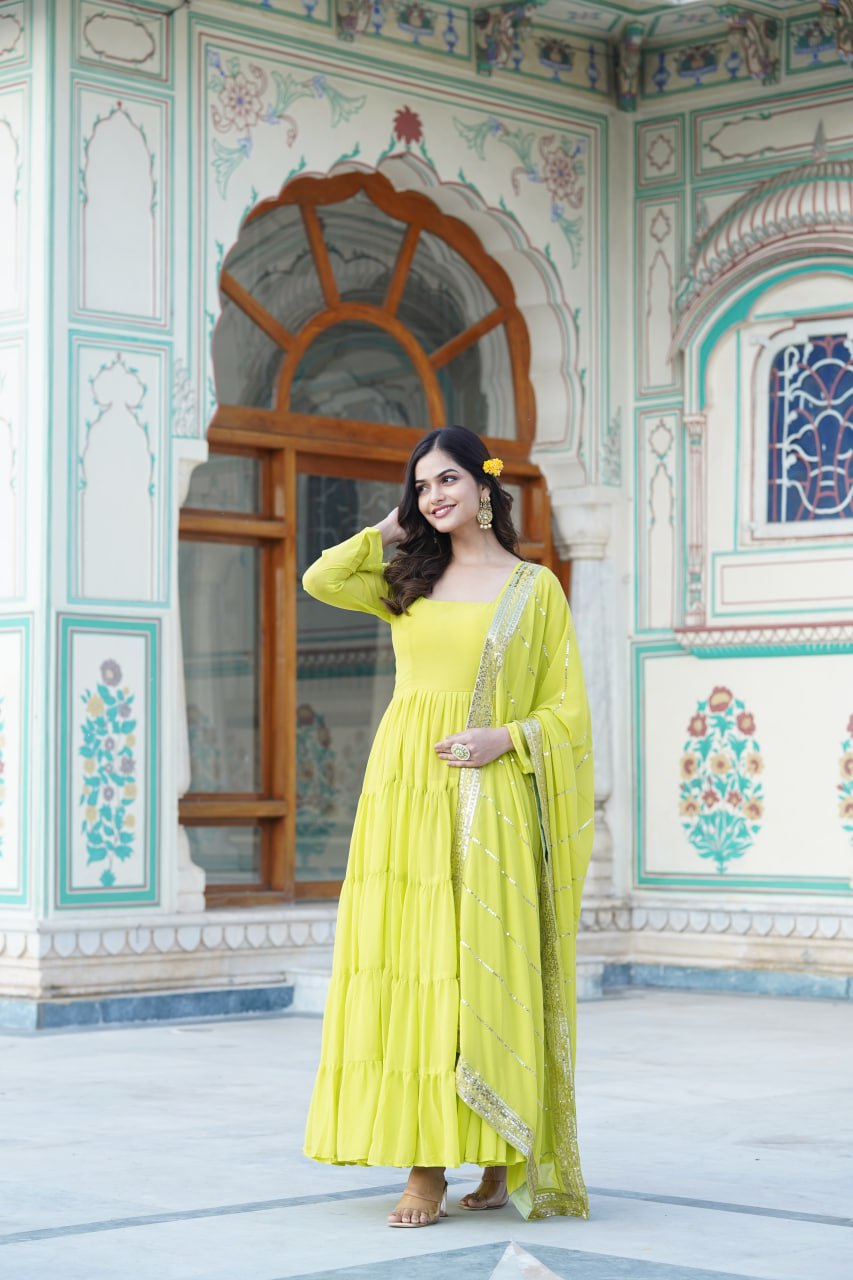 Alluring Parrot Green Faux Georgette Gown with Sequined Dupatta