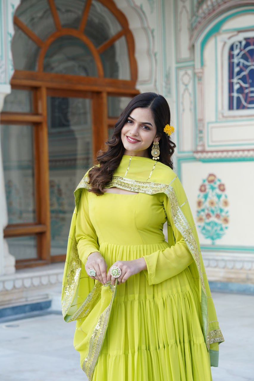 Alluring Parrot Green Faux Georgette Gown with Sequined Dupatta