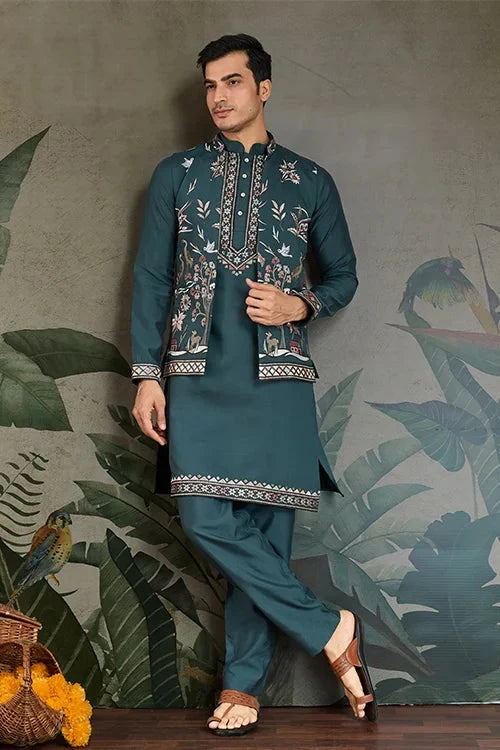 Traditional Green Kurta Pajama with Stylish Open Jacket