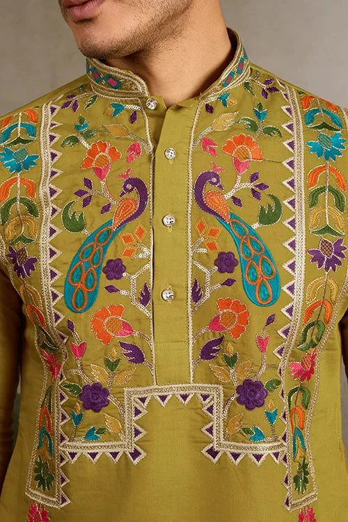 Festive Wear Flourescent Green Embroidered Kurta for Men