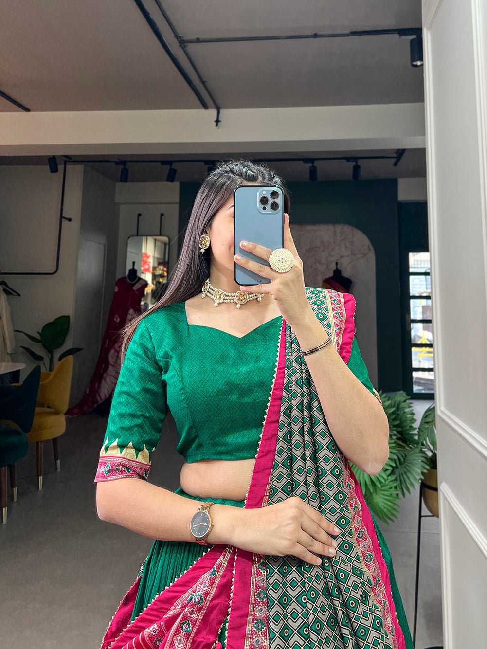 Green Color Printed Tussar Silk Lehenga Choli
