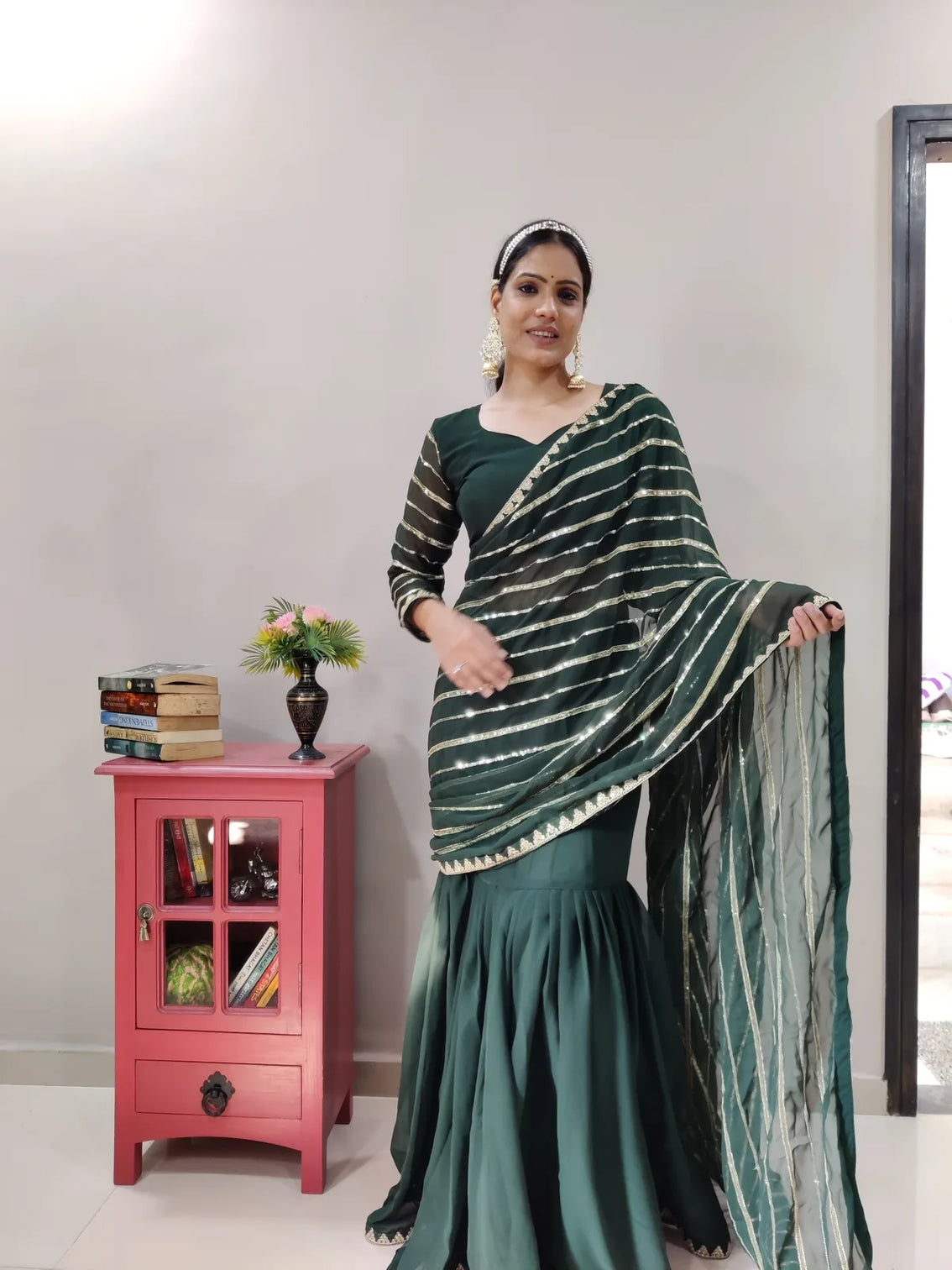 Green Lehenga Saree in Georgette With Sequence Work