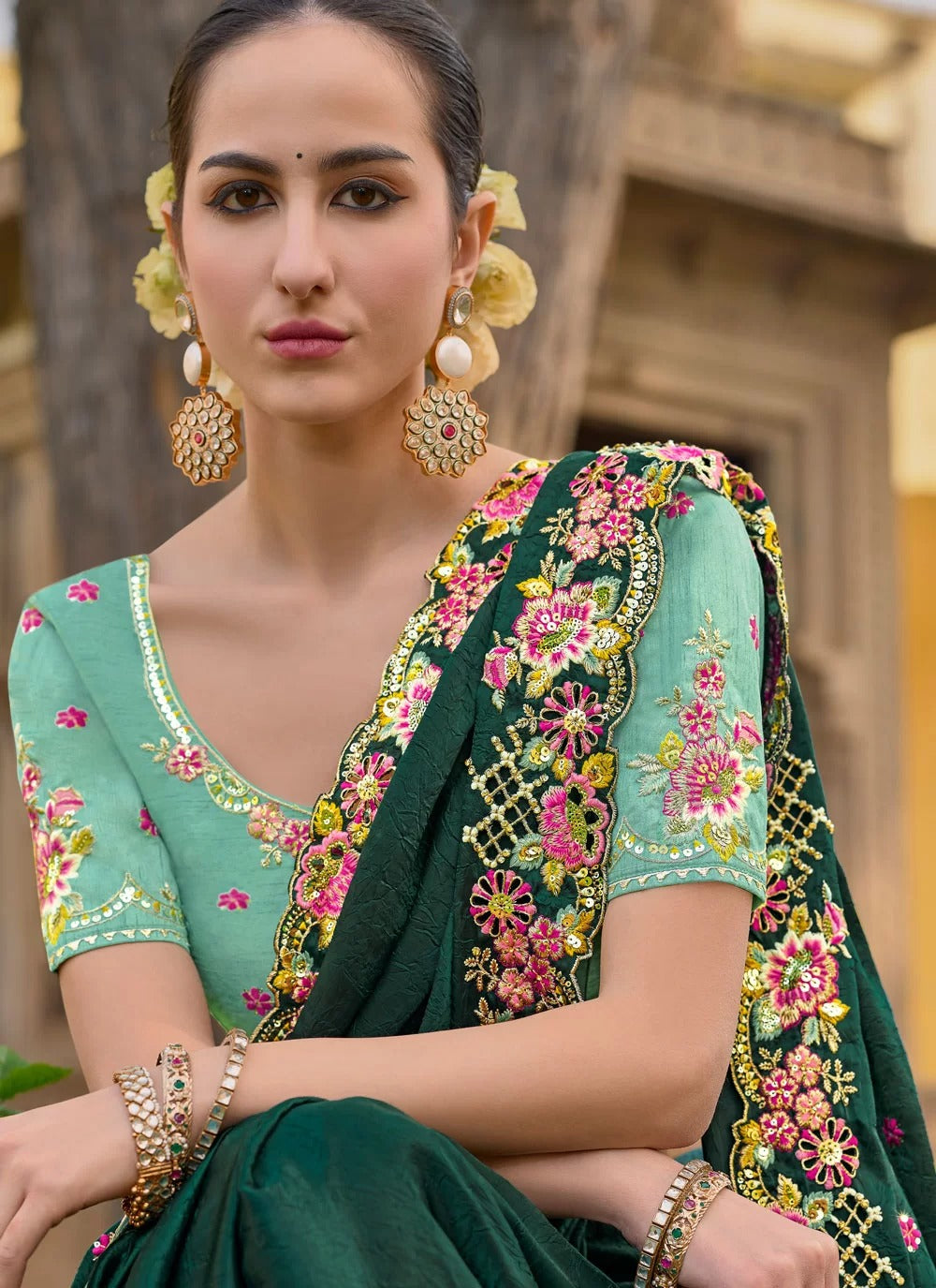 Charming green organza silk saree with embroidery stone sequence work