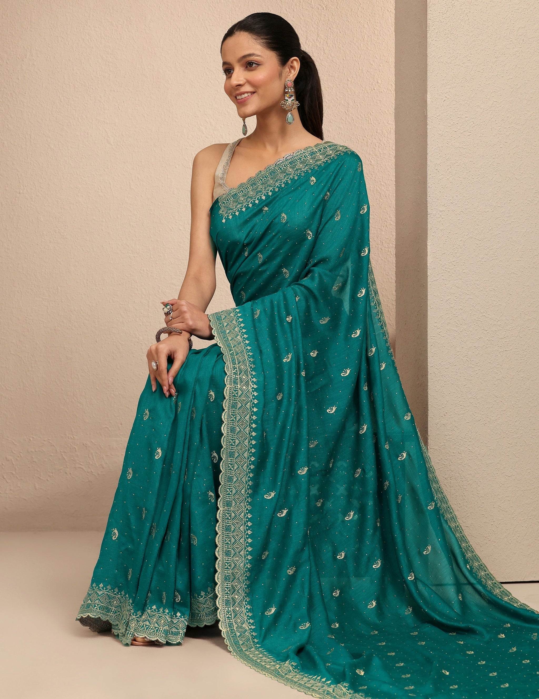 Libas Green Paisley Embroidered Silk Blend Saree With Unstitched Blouse Piece