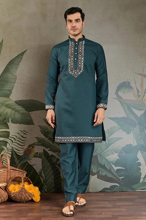 Traditional Green Kurta Pajama with Stylish Open Jacket