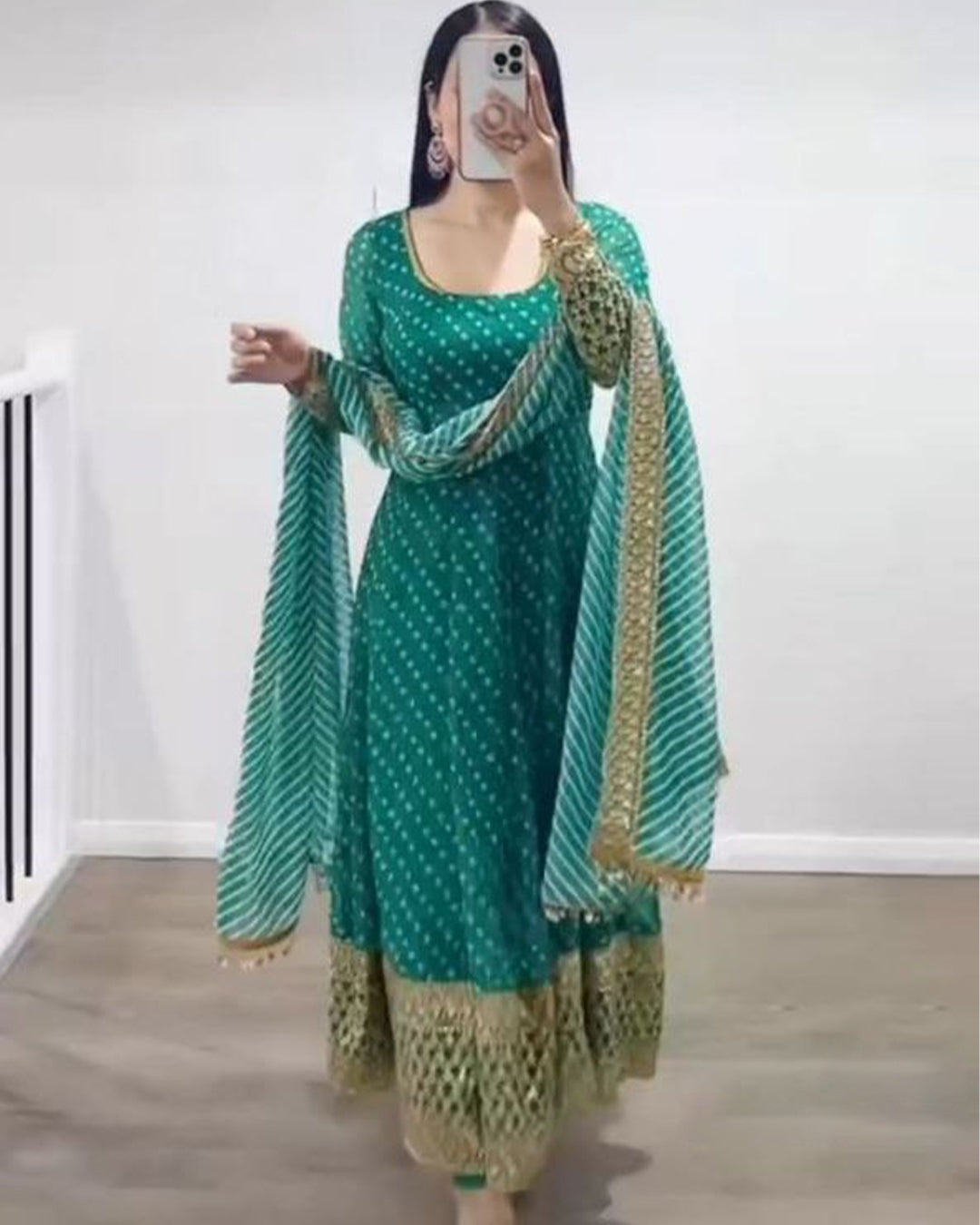 Green Anarkali Gown in Faux Georgette with Print and Embroidery Work