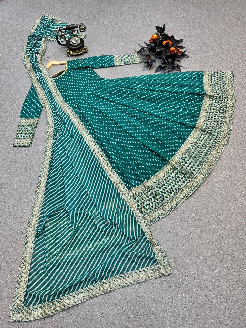 Green Anarkali Gown in Faux Georgette with Print and Embroidery Work
