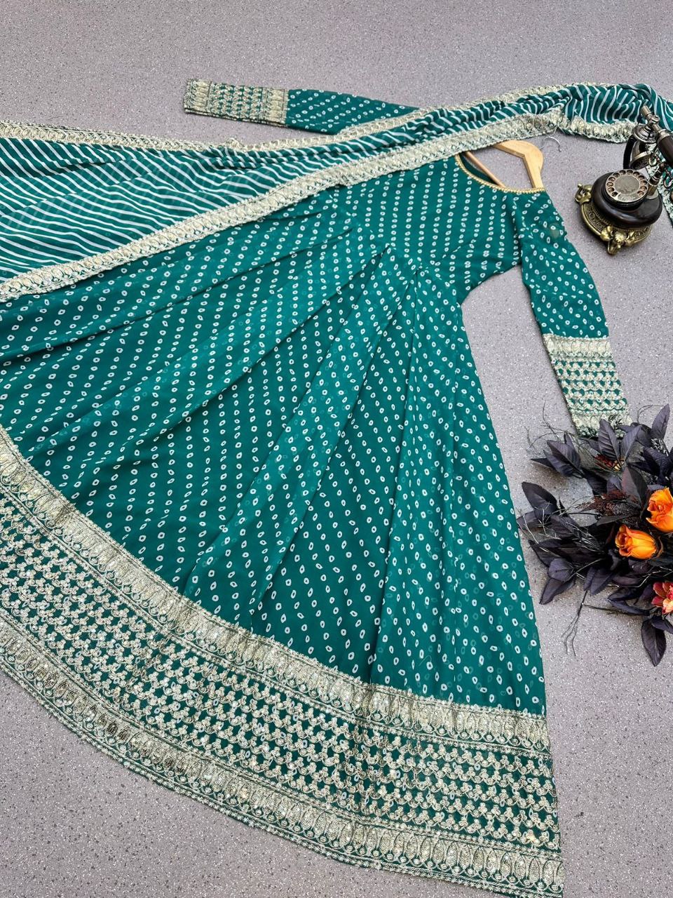 Green Anarkali Gown in Faux Georgette with Print and Embroidery Work