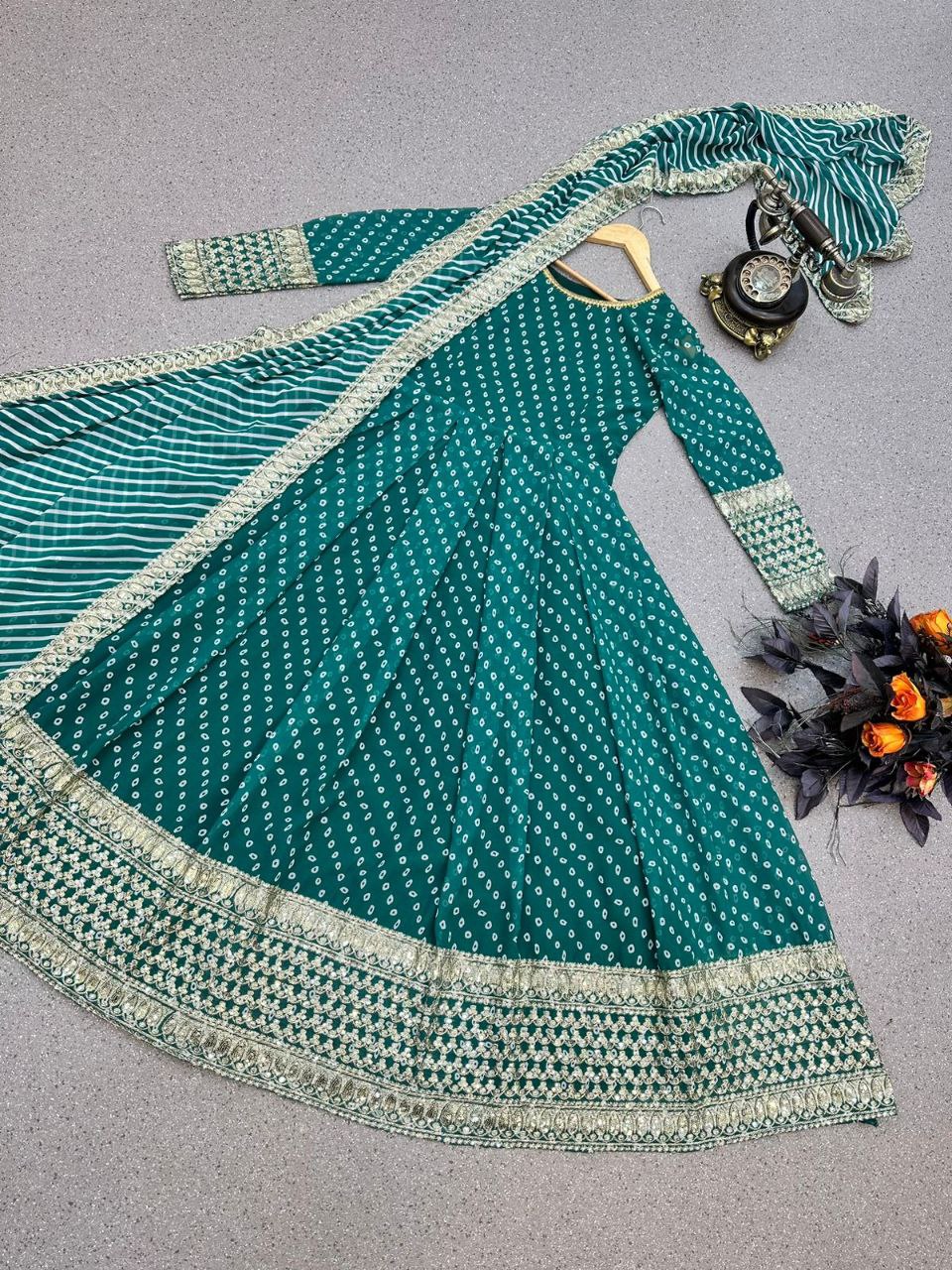 Green Anarkali Gown in Faux Georgette with Print and Embroidery Work