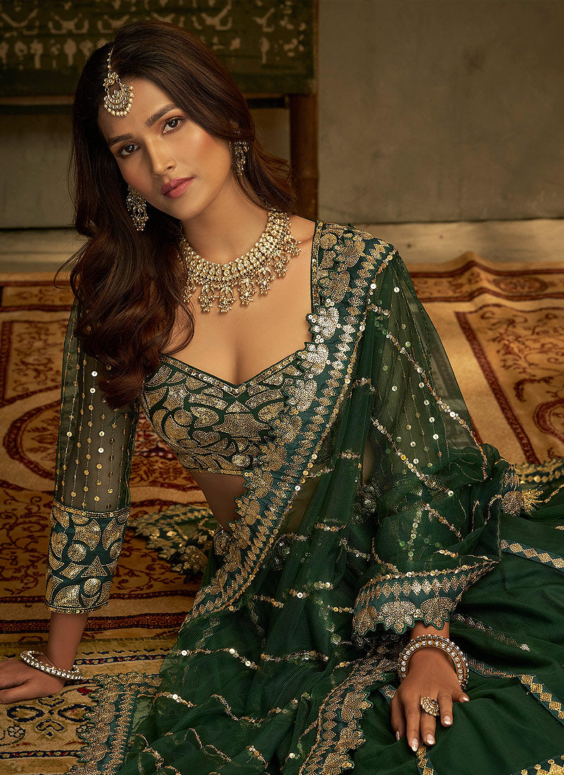 Green And Gold Stylish Embroidered Lehenga Choli