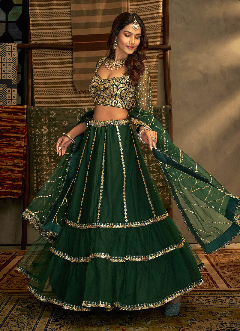 Green And Gold Stylish Embroidered Lehenga Choli