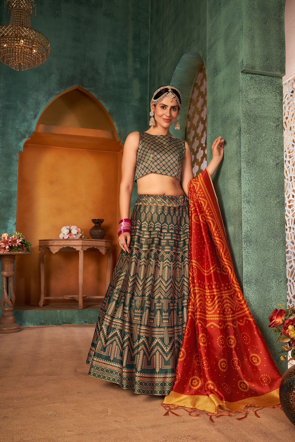 Green Art Silk Digital Printed Lehenga Choli