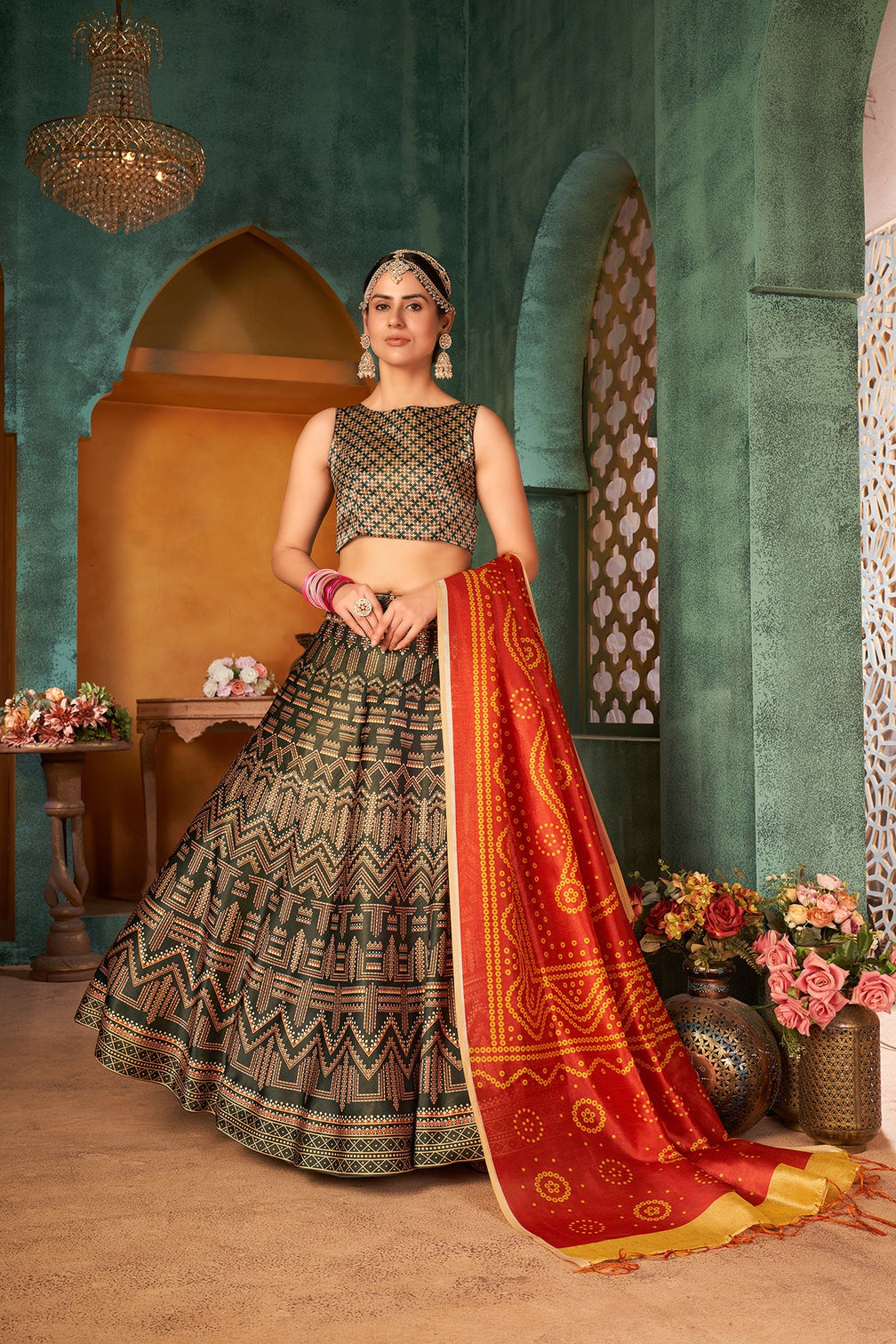 Green Art Silk Digital Printed Lehenga Choli