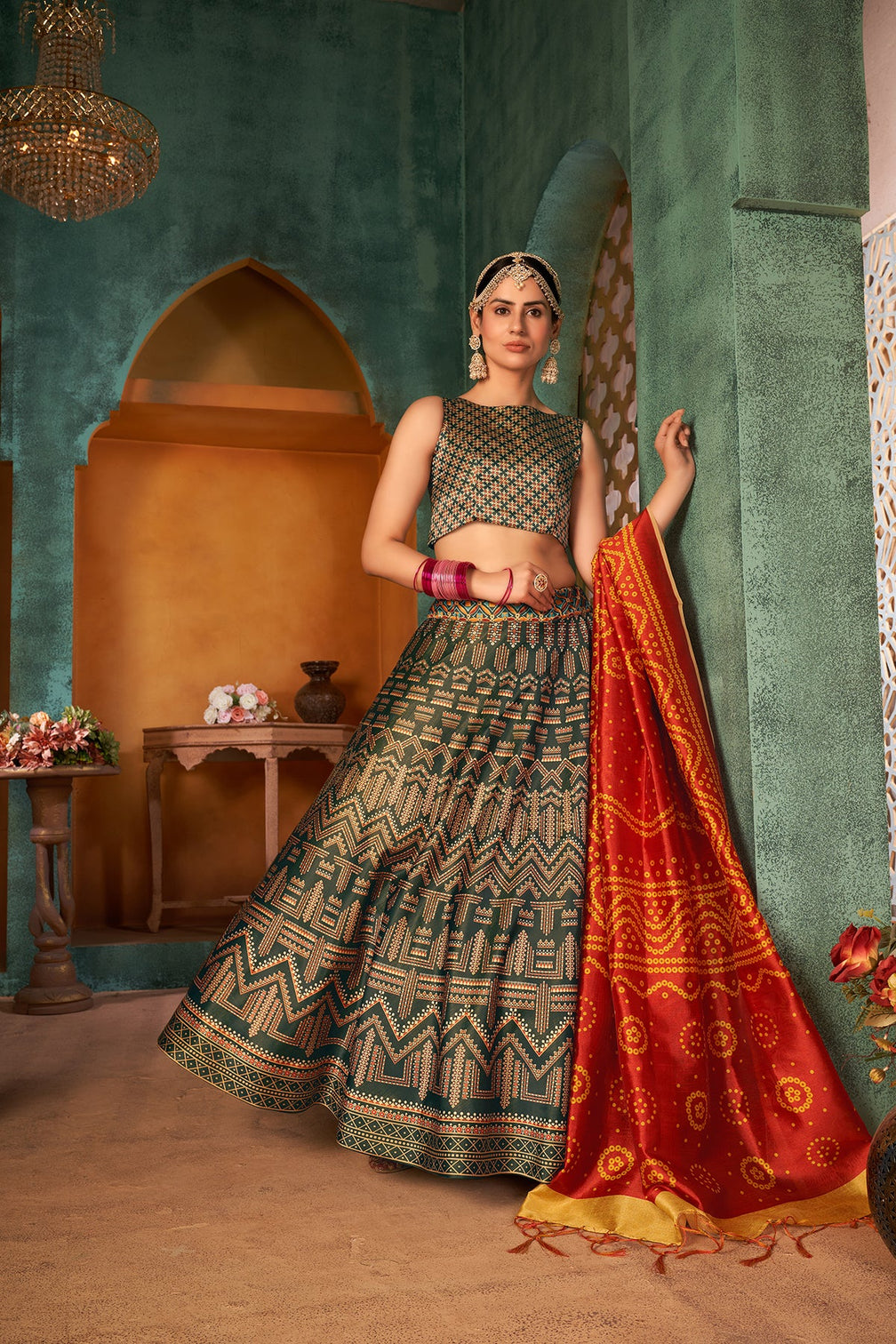Green Art Silk Digital Printed Lehenga Choli