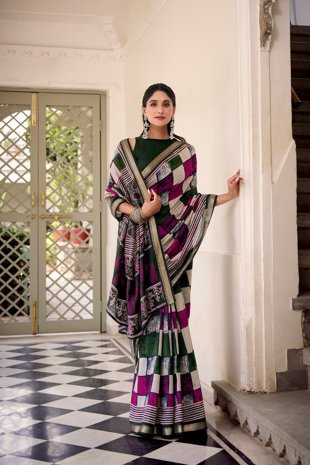 Green Elegant Chanderi Printed Saree with Temple Border & Matching Blouse