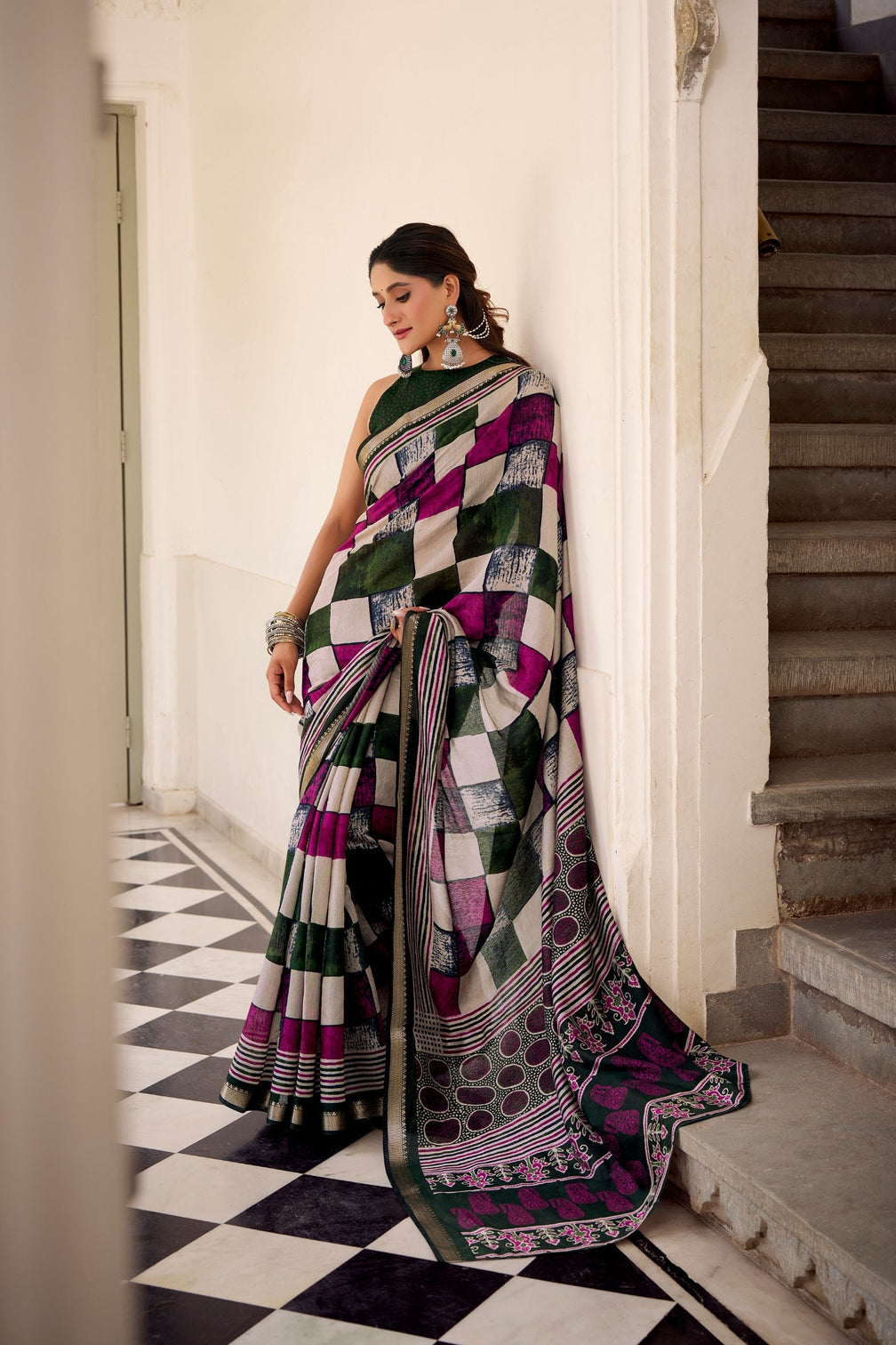 Green Elegant Chanderi Printed Saree with Temple Border & Matching Blouse