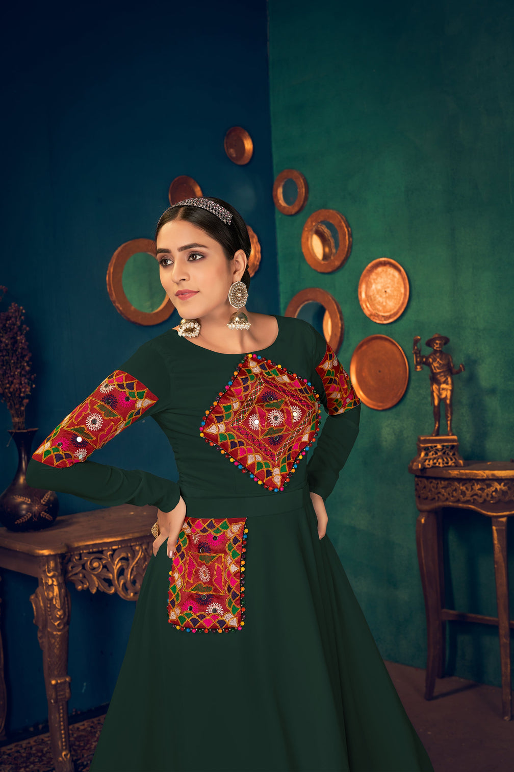 Green Embroidered Georgette Evening Long Gown Semi Stitched