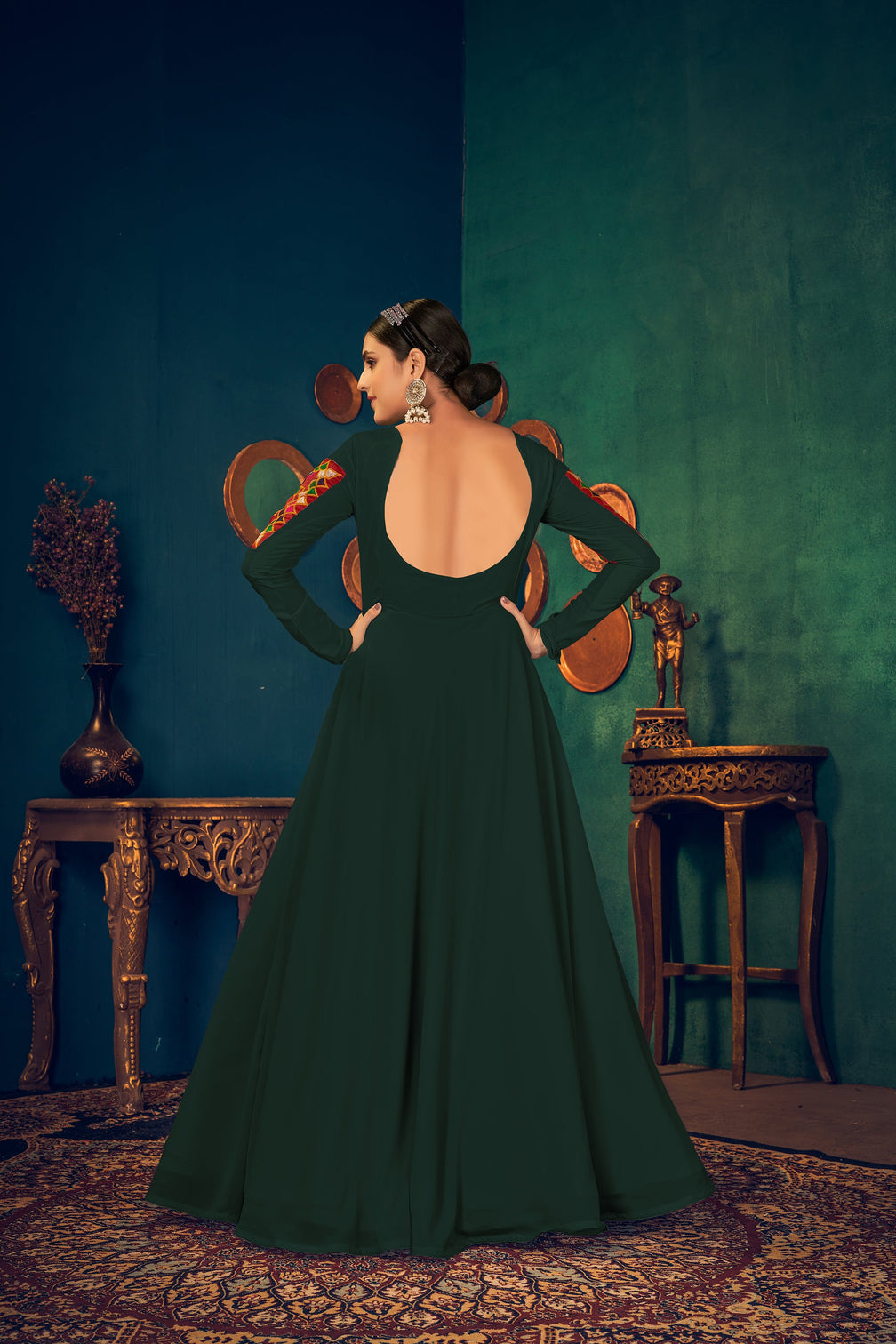 Green Embroidered Georgette Evening Long Gown Semi Stitched