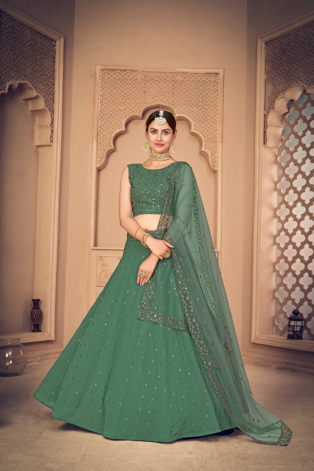 Green Embroidered Georgette Party Wear Lehenga Choli