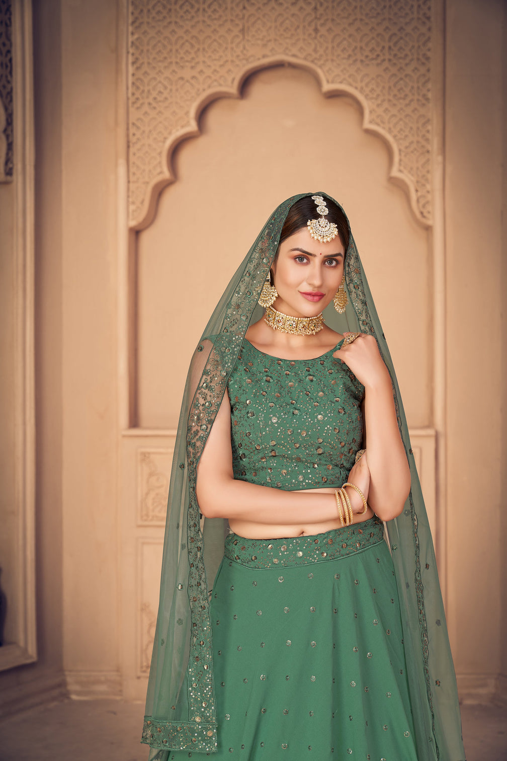 Green Embroidered Georgette Party Wear Lehenga Choli