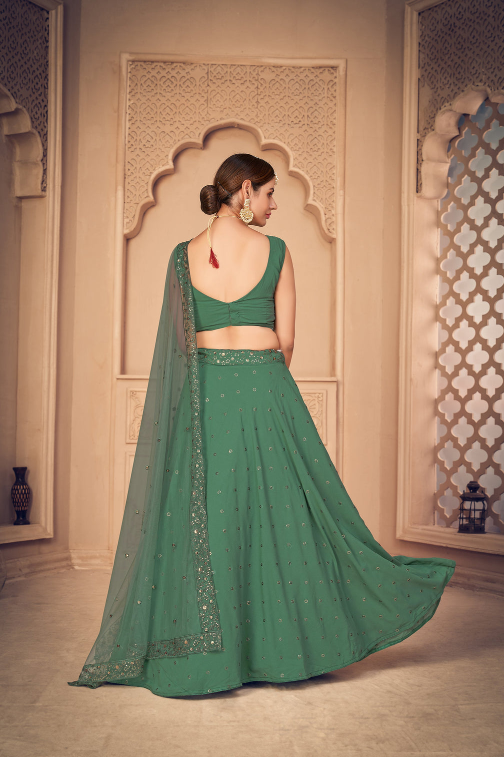Green Embroidered Georgette Party Wear Lehenga Choli