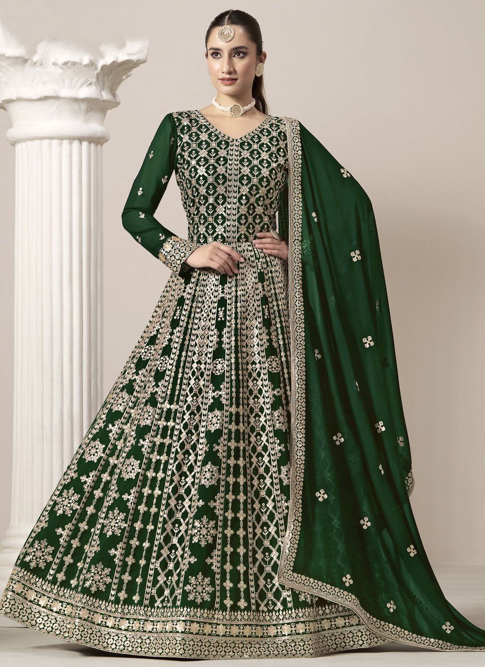Graceful green faux georgette embroidered anarkali suit