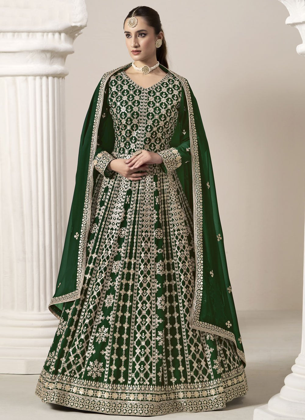 Graceful green faux georgette embroidered anarkali suit