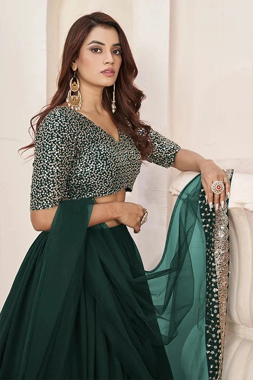 Green Georgette Zari Embroidered Work Lehenga Choli