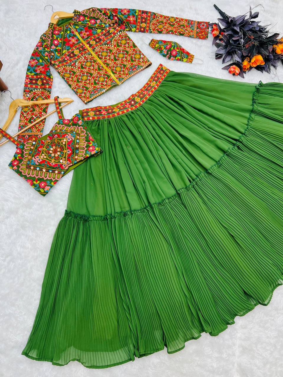 Green Lehenga Choli with Jacket in Faux Georgette With Embroidery Work