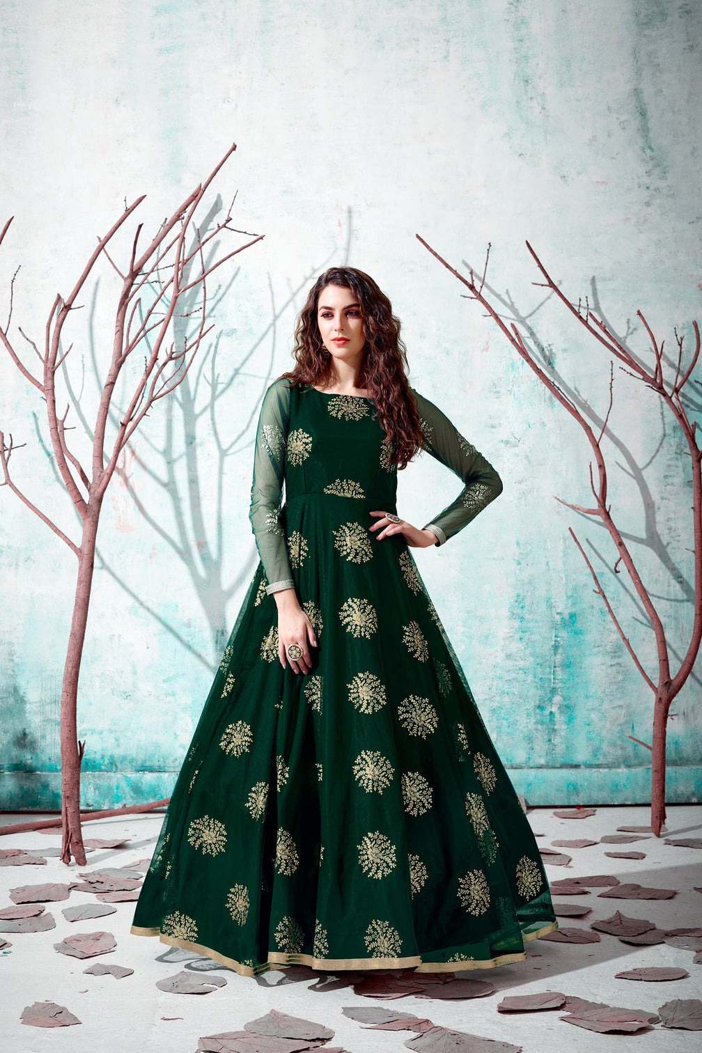 Green Metallic Foil Work Net Party Wear Long Gown