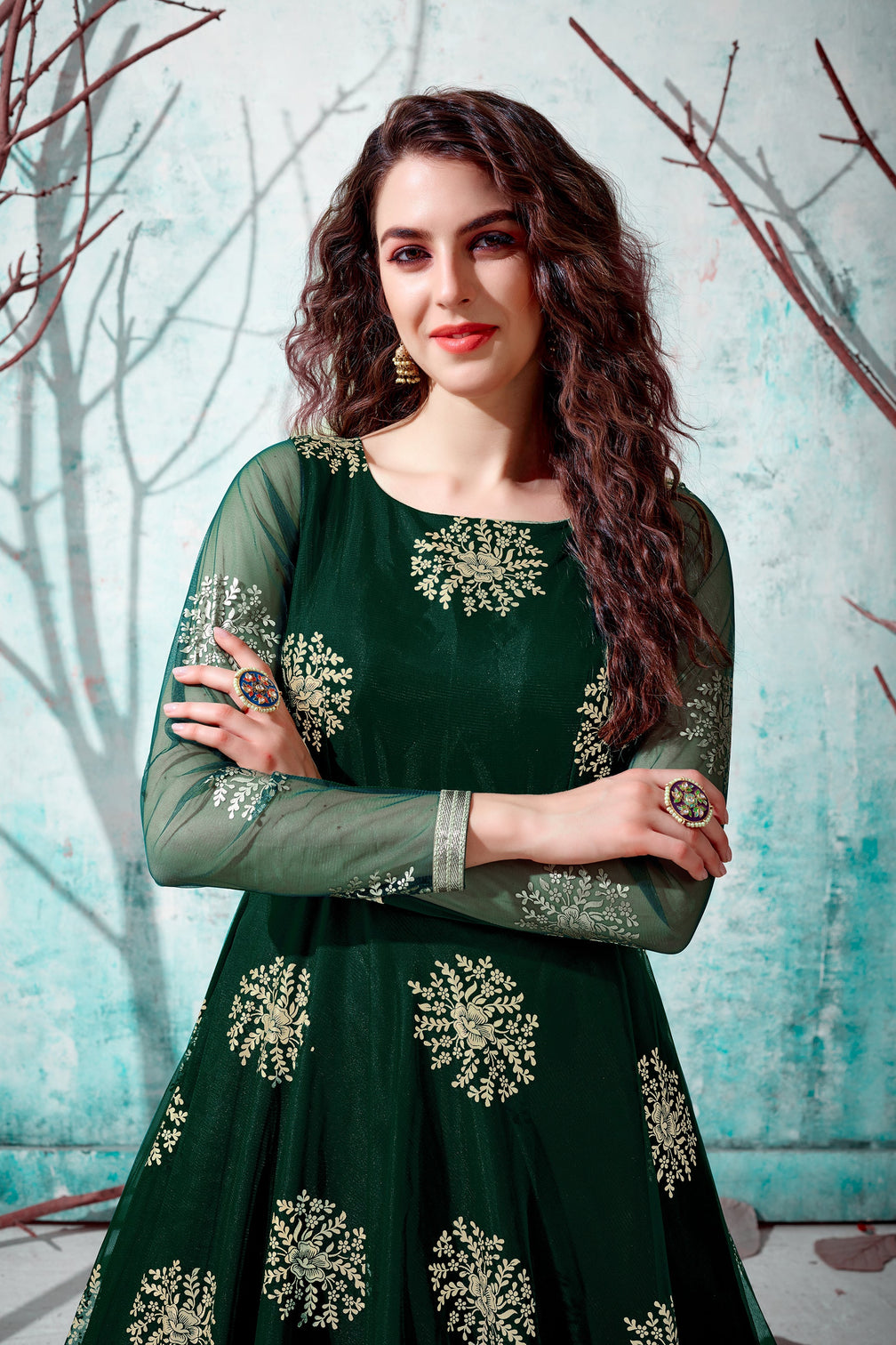 Green Metallic Foil Work Net Party Wear Long Gown