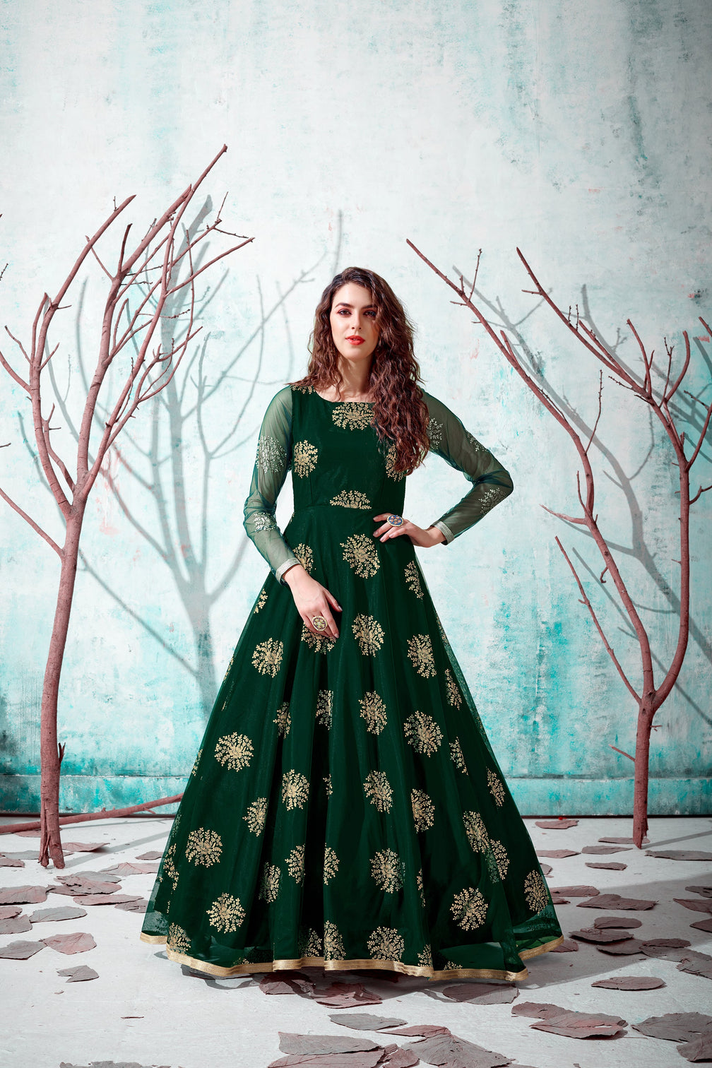 Green Metallic Foil Work Net Party Wear Long Gown