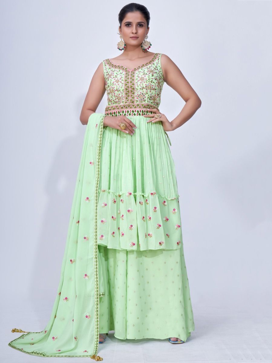 Green Mirror Work Multi Embroidery Chiffon Palazzo Suit