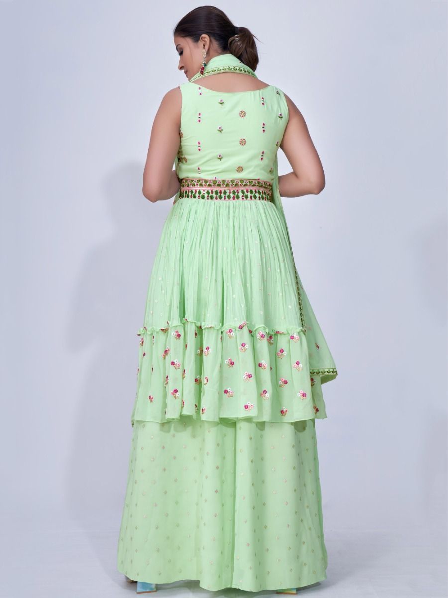 Green Mirror Work Multi Embroidery Chiffon Palazzo Suit
