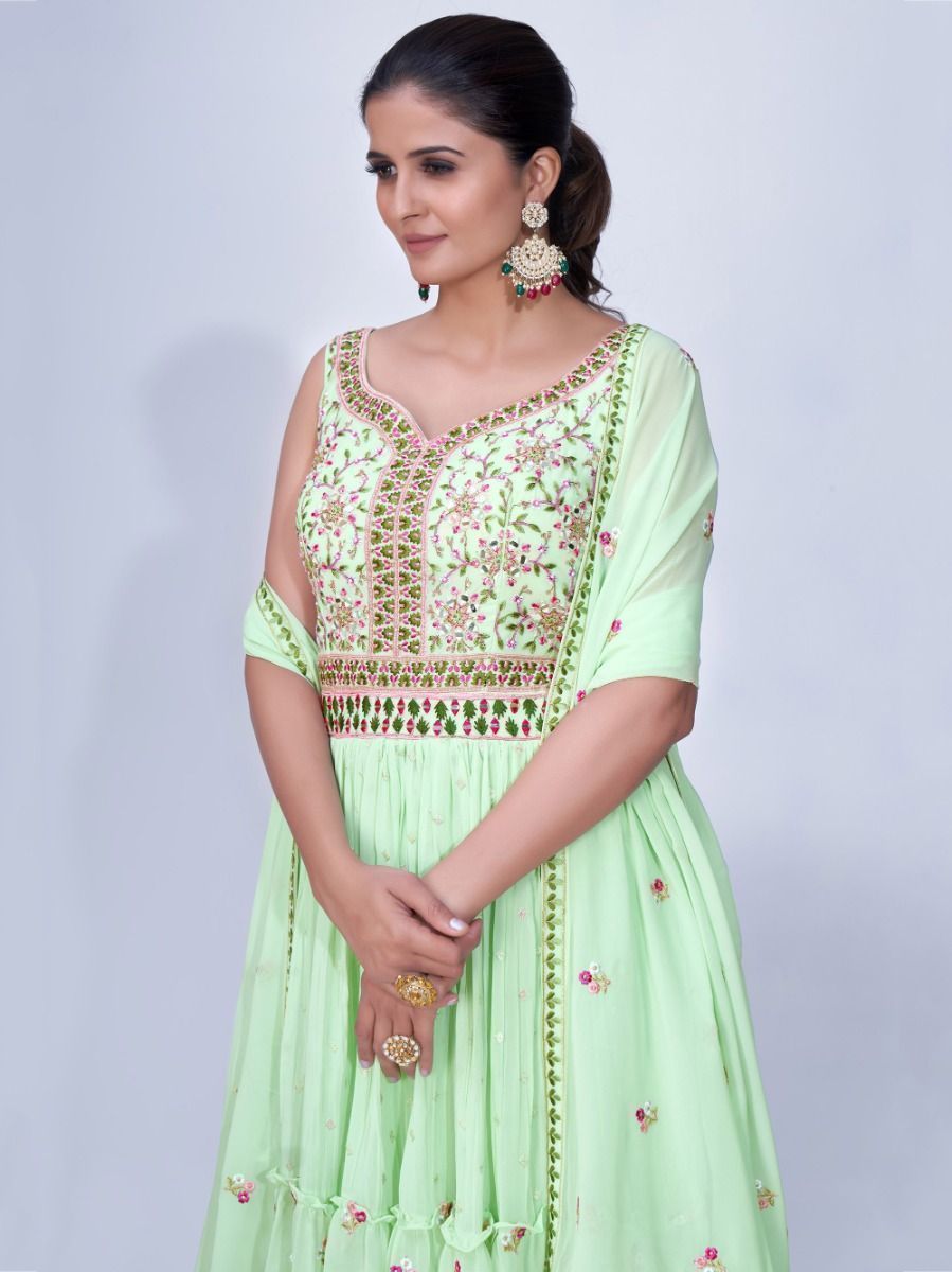 Green Mirror Work Multi Embroidery Chiffon Palazzo Suit