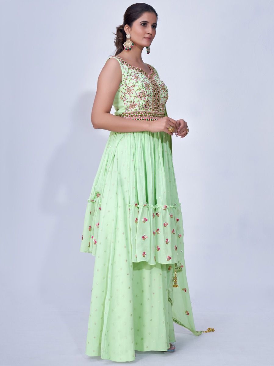 Green Mirror Work Multi Embroidery Chiffon Palazzo Suit