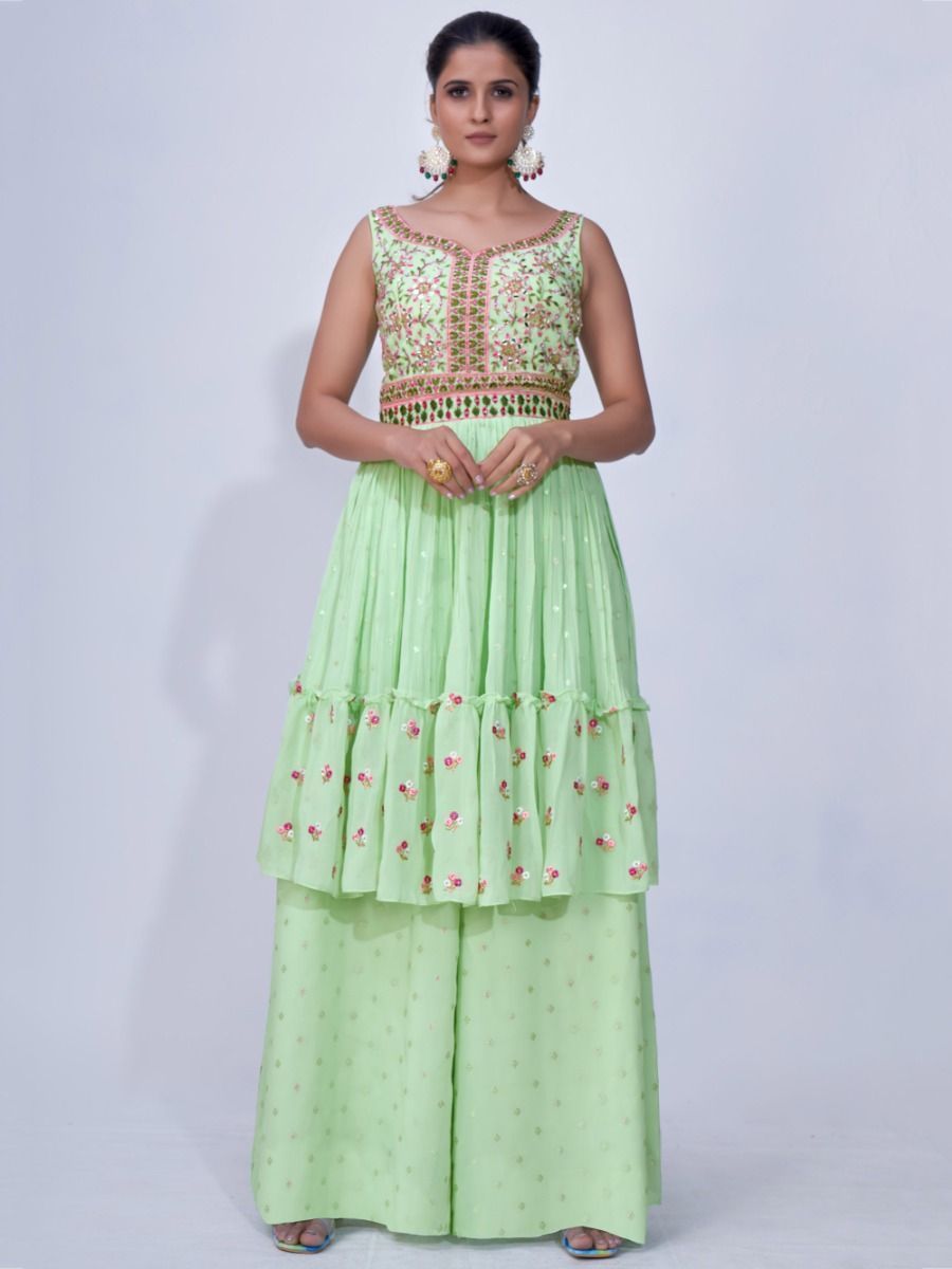 Green Mirror Work Multi Embroidery Chiffon Palazzo Suit