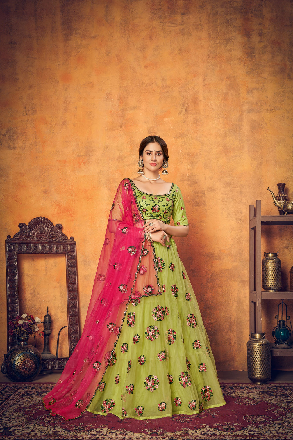 Green Multi Thread Floral Embroidered Net Festival Lehenga Choli