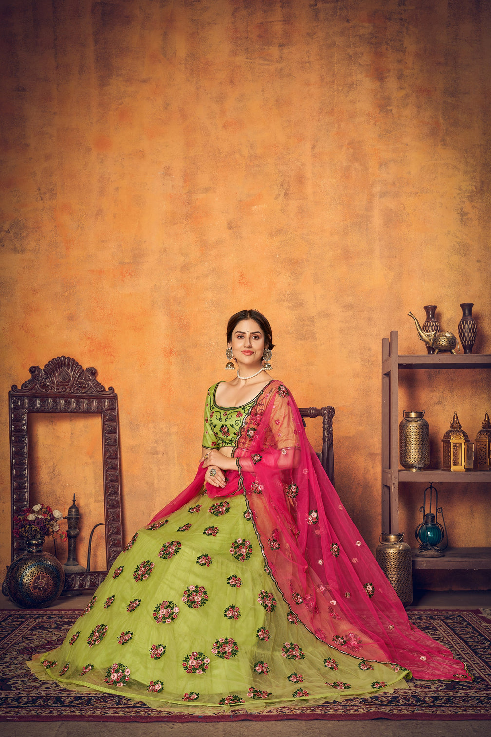 Green Multi Thread Floral Embroidered Net Festival Lehenga Choli