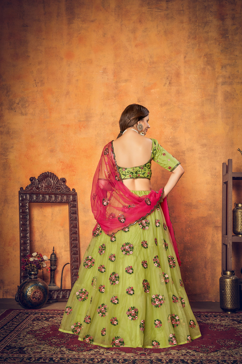 Green Multi Thread Floral Embroidered Net Festival Lehenga Choli