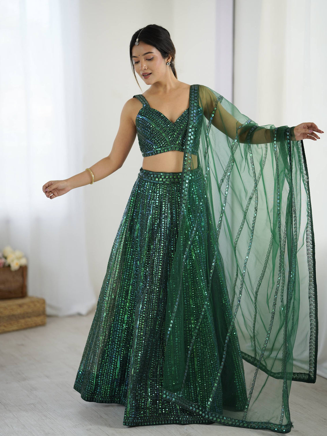 Green Net Lehenga Choli Set with Rainbow Sequins & Dori Work