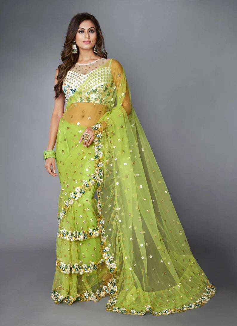 Green Ruffle Saree with Heavy Embroidery Work for Wedding